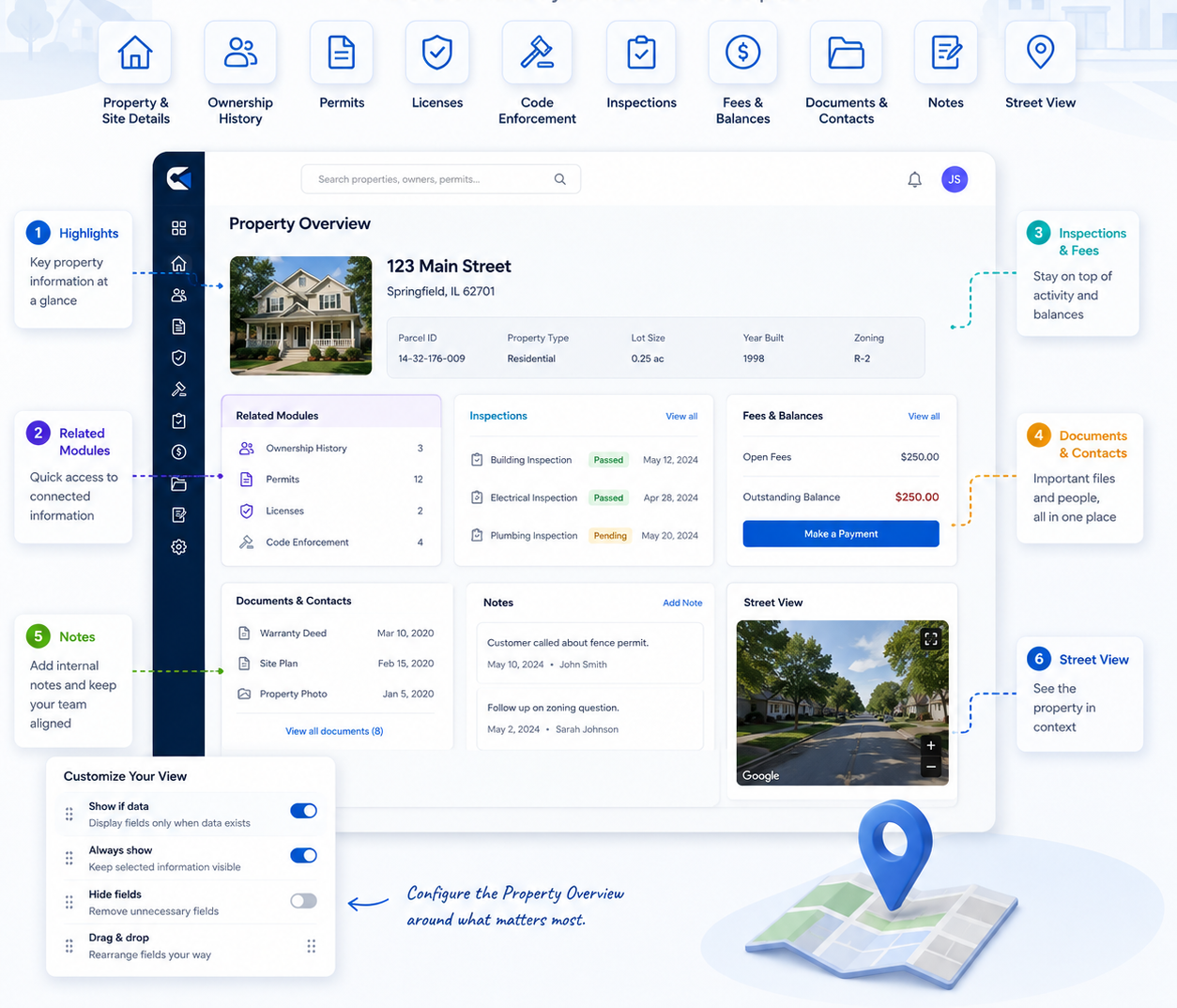 Property Overview - highlights, related modules, inspections & fees, documents & contacts, notes, Google Street View